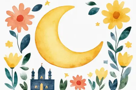 Красочная акварельная работа с изображением полумесяца в окружении ярких цветов и мечети, идеально подходящая для Рамадана, исламских тем или праздничного декора