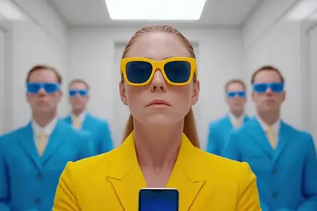 Эффектная женщина в желтом костюме излучает уверенность в современной обстановке лифта в окружении мужчин в синих костюмах