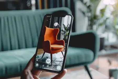 Рука держит смартфон и фотографирует оранжевое кресло в интерьере гостиной