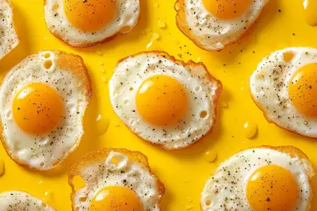 Вкусные яичницы-глазуньи на ярком жёлтом фоне