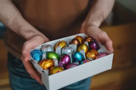 Человек держит коробку с разноцветными пасхальными яйцами на фоне стола, готовясь к праздничному торжеству