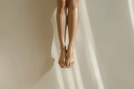 Женские ноги в воздухе на фоне белой стены в минималистичной композиции с негативным пространством