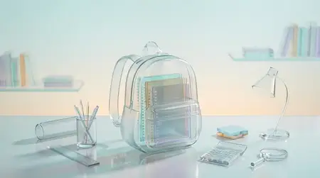 Элегантный стеклянный 3D-баннер к началу учебного года с полупрозрачным рюкзаком, тетрадями, линейкой, калькулятором и письменными принадлежностями, аккуратно разложенными на изысканном столе
