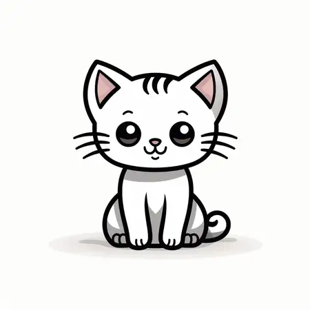 Иллюстрация милого мультяшного котенка: счастливый, очаровательный белый домашний кот с красивой улыбкой, сидящий и мурлыкающий на веселом фоне