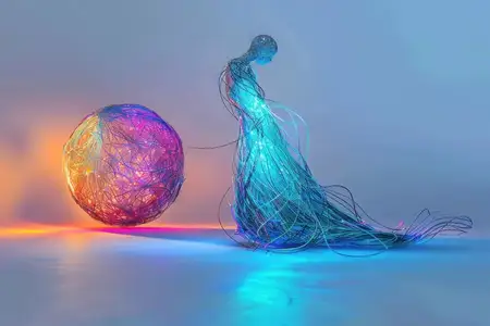 Завораживающая абстрактная фигура, состоящая из ярких светящихся проводов, стоит рядом с лучистой сферой, создавая мечтательную атмосферу