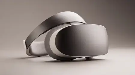Мягкий матовый 3D-крупный план отдельно стоящей гарнитуры виртуальной реальности с изогнутым козырьком и тканевой прокладкой