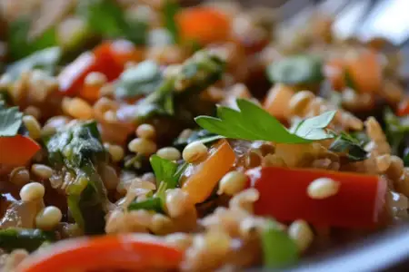 Яркий салат из киноа со свежими овощами и зеленью, поданный в здоровом виде
