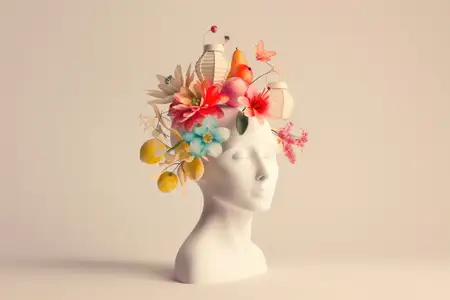 Голова женщины, украшенная красочными цветами, в трехмерном рендеринге, представляющем красоту и художественное выражение