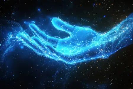 Яркая голубая светящаяся рука, протянутая на звездном фоне, символизирует технологии, связь и будущее