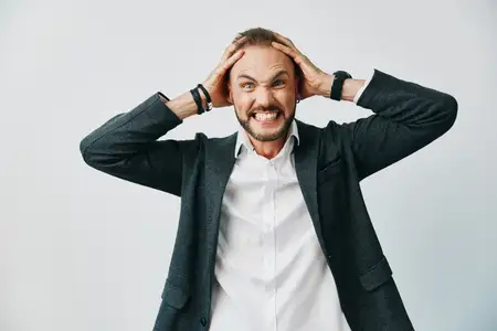 Изображение запечатлевает момент сосредоточенного руководителя с напряженным, но уверенным поведением, подчеркивая устойчивость и лидерство на простом ярком фоне