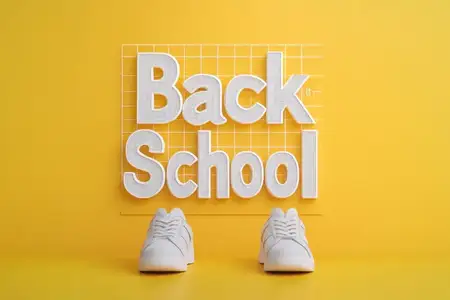 Стильные белые кроссовки в паре с ярким желтым фоном и текстом «Back to School» (Снова в школу)