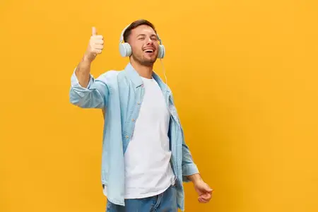 Танцующий, счастливый, загорелый, красивый мужчина в синей простой футболке и наушниках показывает жест «большой палец вверх» (лайк), позируя изолированно на оранжево-жёлтом студийном фоне