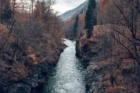 Река между горами, осенний лес, путешествие, свежий воздух