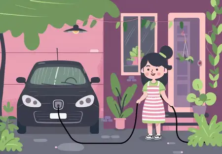 Веселая девочка стоит рядом с черным электромобилем, подключая его к зарядному устройству перед очаровательным розовым домом, окруженным растениями