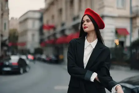 Портрет модной женщины, стоящей на улице на фоне города в стильной одежде, с красными губами и красным беретом