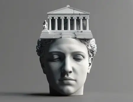 Статуя женщины, голова которой находится на вершине здания, окруженного храмом, вдохновение для путешествий и искусства
