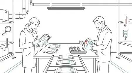 Чистая сцена в стиле линейного рисунка, на которой инспекторы проверяют упакованные продукты питания на гигиеничной производственной линии, с открытым центральным пространством для заголовков