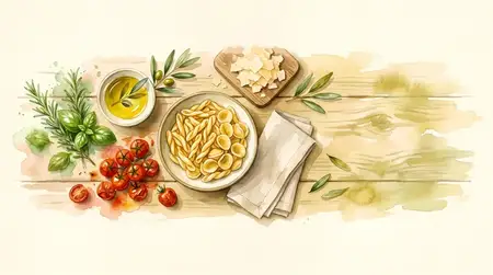 Элегантная акварельная композиция с едой: паста, травы, оливковое масло и теплый сервировочный стиль для сайтов ресторанов и гурманских акций