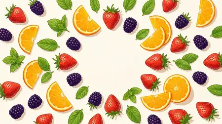 Декоративная плоская композиция, снятая сверху, с ягодами, дольками цитрусовых и листьями мяты, оставляющая свободный центр, при ярком дневном свете с высоким контрастом и тёплыми тонами