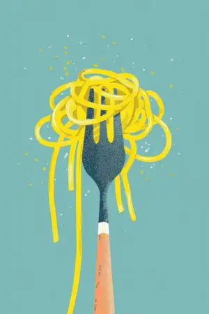 Вкусные спагетти, намотанные на вилку, демонстрируют весёлый и красочный опыт пасты