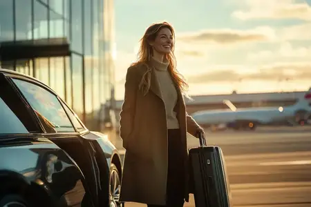 Стильная женщина стоит в аэропорту с чемоданом, излучая уверенность и радость