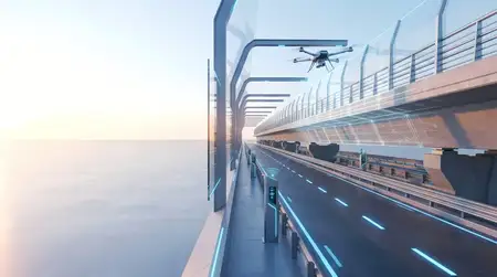 Гладкая 3D-сцена модернизации моста с датчиками, дроном-инспектором и чистым свободным пространством слева для коммуникаций в сфере транспорта, строительства и умных городов