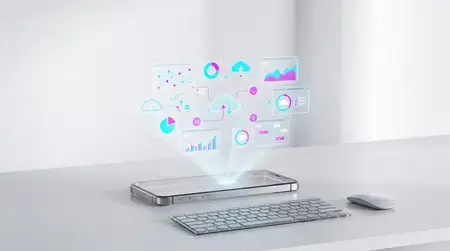 Чистая технологическая концепция: смартфон проецирует абстрактные интерфейсы данных над минималистичным столом, идеально подходит для тем цифровой трансформации, аналитики или инноваций