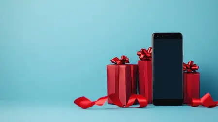 Стильный смартфон изображен рядом с красными подарочными коробками с бантами на ярком синем фоне, что идеально подходит для праздничного маркетинга и сезонных поздравлений