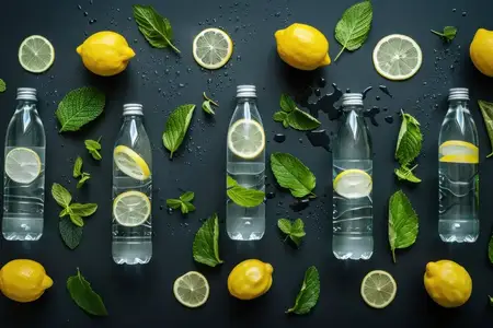 Яркая композиция из бутылок с водой, настоянной на ломтиках лимона и свежей мяте, на темном фоне, создающая освежающий вид