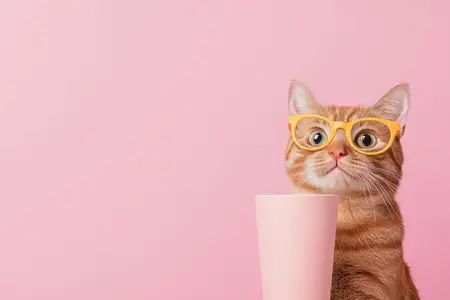 Очаровательный рыжий кот в желтых очках рядом с розовой чашкой на мягком розовом фоне излучает игривое очарование и веселую атмосферу, что идеально подходит для контента и рекламных акций на тему…