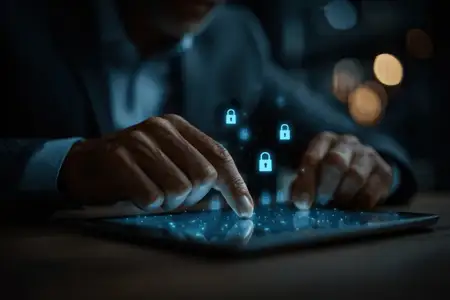 Приглушенное освещение создает сосредоточенное настроение вокруг кибербезопасности, конфиденциальности и устойчивой защиты сети, сочетая человеческое участие с футуристическими цифровыми средствами…