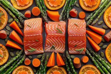 Филе лосося, элегантно выложенное с морковью, дольками апельсина и спаржей, создающее красочную и полезную композицию