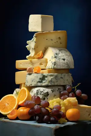 Молочный ассортимент, ломтик бри, свежий камамбер, французский, деревянный, желтый виноград, завтрак, органический сыр, еда, сыр, голубой дорблю, гурманский, мягкий, полезный, вкусный