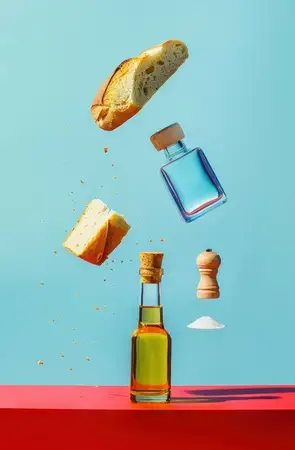 Красочный натюрморт с парящими бутылками масла, уксуса, хлебом, солью и перцем на ярком синем фоне