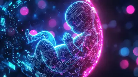 Цифровое изображение младенца, окруженного светящейся сферой, символизирующее слияние технологий и человечности