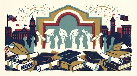 Яркая многослойная сцена выпускного с академическими символами, дипломами, шапочками и праздничной энергией