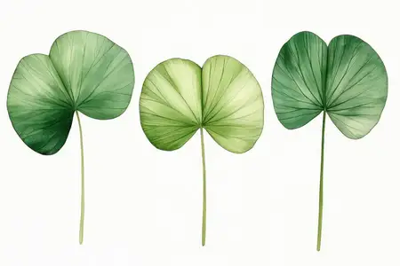 Набор из трех ярко-зеленых листьев с замысловатыми текстурами и цветовыми градиентами, идеально подходит для тем здоровья, природы и экологичного дизайна в маркетинге и рекламе
