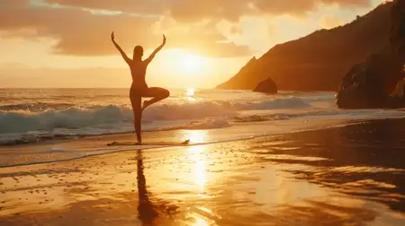 Силуэт женщины, занимающейся йогой на пляже во время потрясающего заката, воплощающий благополучие, покой и единение с природой