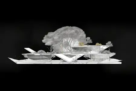 Абстрактная геометрическая иллюстрация: современный архитектурный набросок на черно-белом фоне