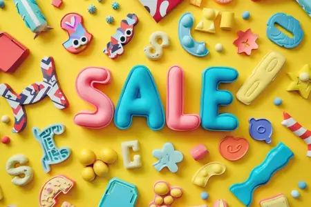 Распродажа разноцветных игрушек для детей на жёлтом фоне