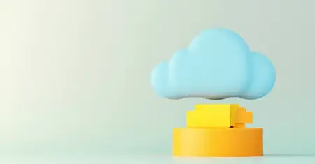 3D-иллюстрация с изображением светло-голубого облака, парящего над желтой коробкой, визуально представляющая облачные вычисления, хранение данных и современные цифровые решения в минималистичном стиле