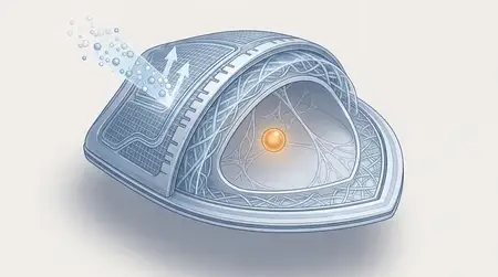 Клиническая техническая иллюстрация щитообразного механизма здоровья в разрезе с многослойными границами, защищенным ядром и сдержанными сине-серыми медицинскими тонами