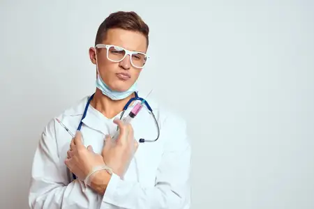 Врач в медицинском халате со стетоскопом и в очках на светлом фоне, обрезанный вид, жестикуляция руками, портрет
