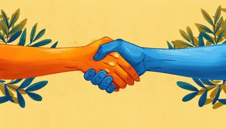Рукопожатие на фоне зелени — символ единства, партнерства, сотрудничества, природы, роста, успеха, процветания, командной работы, бизнеса, экологии, мира, связи