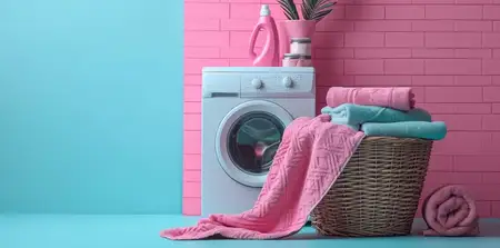Чистая и уютная прачечная со стиральной машиной, свежими полотенцами и корзиной розовых полотенец на полке