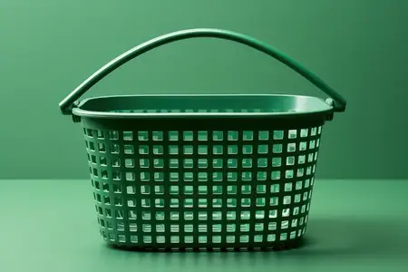 Пустая яркая белая пластиковая корзина для покупок с ручками на фоне красочного супермаркета
