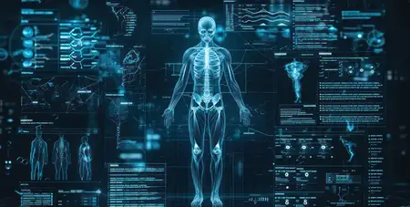 Футуристическая иллюстрация системы цифрового интерфейса науки о теле: абстрактные технологии здоровья