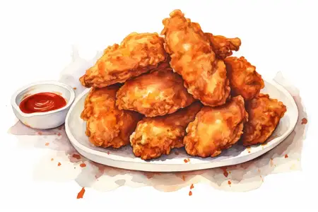 Вкусная тарелка с ужином, обеденный фон, еда, хрустящая жареная курица, закуска, приготовленное блюдо, хрустящее мясо
