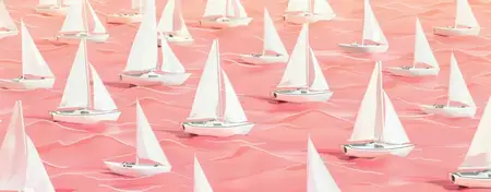 Парусные лодки в розовом море, 3D-иллюстрация в стиле бумажного искусства для тем путешествий и искусства