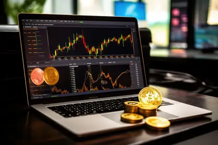 Торговля цифровой валютой: золотая монета Биткоин на фоне графика финансовых показателей